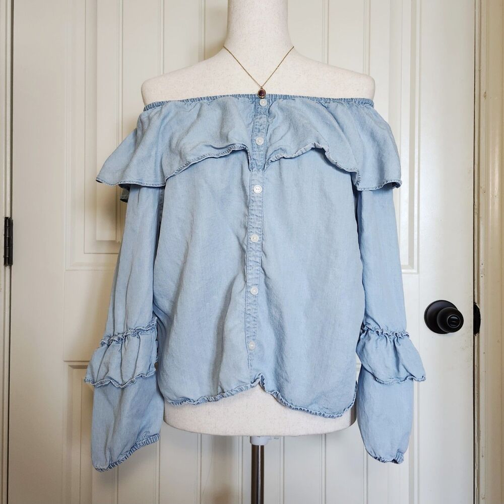 Sanctuary Blue 100% Tencel Off Shoulder Ruffle Blouse Size M